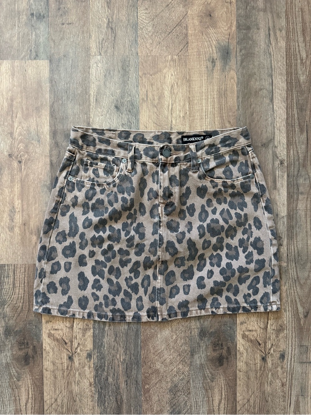Blank NYC Leopard Print Denim Mini Skirt in Taupe and Black